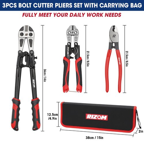 RIZOM 3-Piece Bolt Cutter Pliers Set, 14" Heavy Duty Bolt Cutter, 8" Mini Bolt Cutter, 8" Wire Cable Cutter with Carrying Bag, Cr-V Blade for Cutting Locks, Steel Wire, Barbed Wire, Chains
