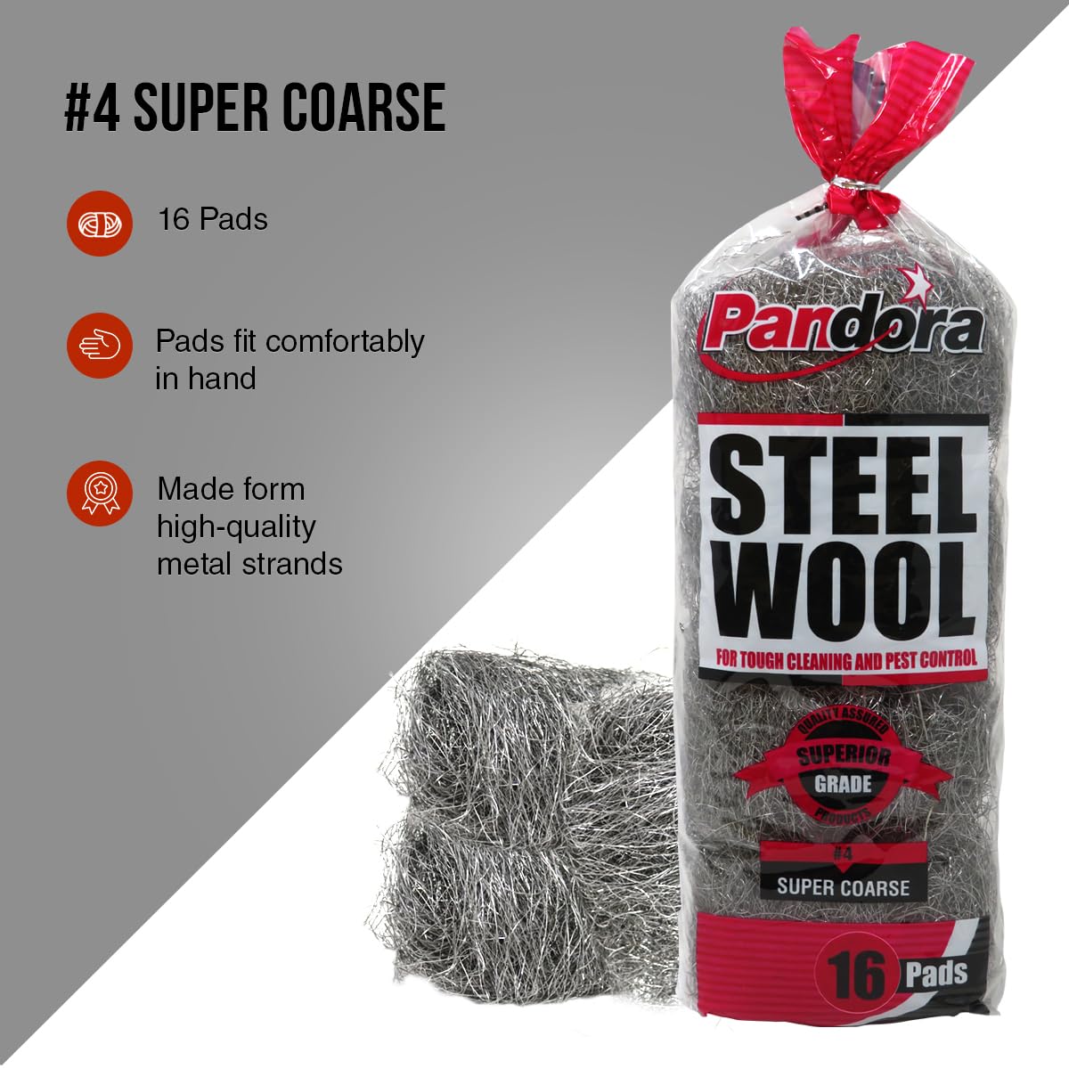 Pandora Steel Wool #4 – Extra Coarse Grade, 16 Pads for Tough Cleaning and Pest Control - Quality Metal Strands - Ideal for Removing Stubborn Paint, Rust, Dirt, and Varnish