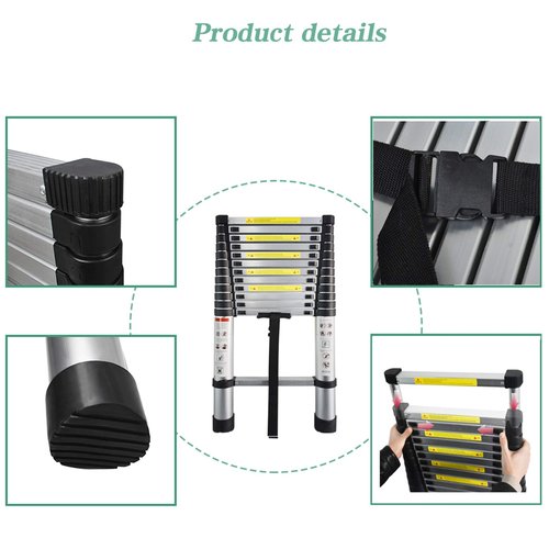 Aluminum Telescopic Extension Ladder Collapsible Ladder, One-Button Retraction Extension Ladder,Multi-Use, 330 lbs Capacity,14.5FT / 4.4M