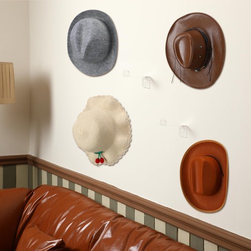 Beeveer 8 Pcs 4 Inch Hat Hooks for Wall Cowboy Hat Rack Strong Adhesive Cap Holder Organizer for Baseball Caps Western Room Decor (Transparent)
