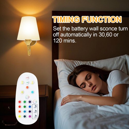Battery Operated Wall Sconces Set of 2, Wireless Dimmable LED Wall Lights with Rechargeable 15 Colors Bulb & Remote, Timer & Flash/Smooth Light Mode, Bedroom Living Room Hallway Staircase Gold