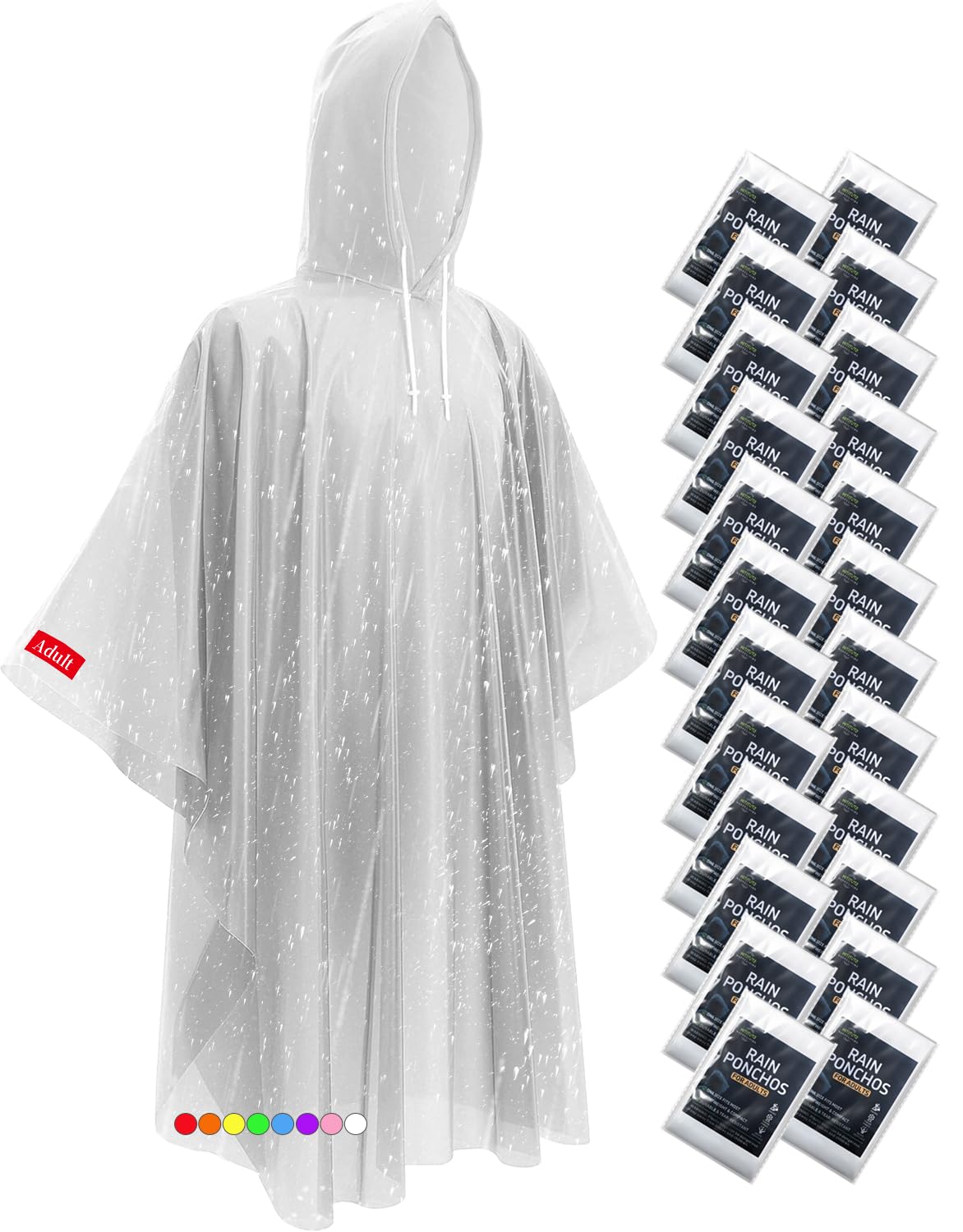 Disposable Rain Ponchos - Extra Long Waterproof Emergency Poncho with Hood for Adults, Bulk Family 24 Pack Raincoat for Park, Concerts, Hiking, Camping Essentials, Home Emergency Survival Kits, Clear