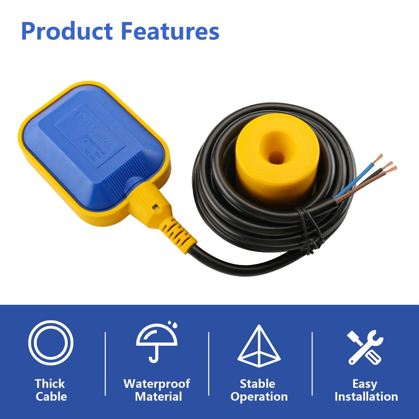 Baomain 4M 13ft Cable Float Switch, Water Level Controller, for Tank Pump, Water Tank or Sewage System On Auto Pilot, with Counterweight