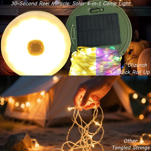Olizurch Camping String Lights Solar USB Rechargeable, Retractable String Lights Camping 4 in 1 Led Roll Up Waterproof Outdoor Hanging Fairy Lights 33FT with 8 Modes for Tent Garden Party Festival