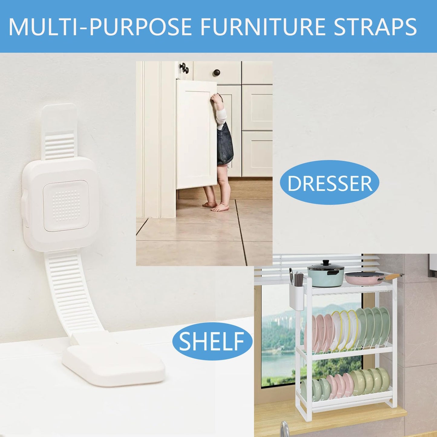 YEYA Upgraded No Drill Furniture Anchors for Baby Proofing, Anti-Tip Adjustable Straps, 4 Pack