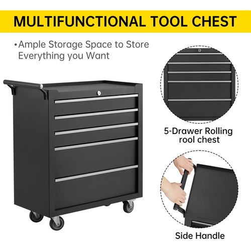 Rolling Tool Chest, 5 Drawers Tool Storage Cabinet, Toolbox with Wheels, Portable Tool Cabinet Organizer with Locking System & Drawer Liners, Tool Storage Cart for Garage, Workshop