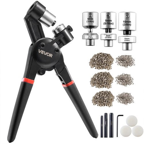 VEVOR Grommet Tool Kit, 900 PCS 1/4 Inch 5/16 Inch 3/8 Inch Multi Size Metal Eyelets Grommets, Eyelet Kit with Manual Grommet Press Pliers, Hole Punch, and Block, for Leather Tarp Shoes Crafts Fabric