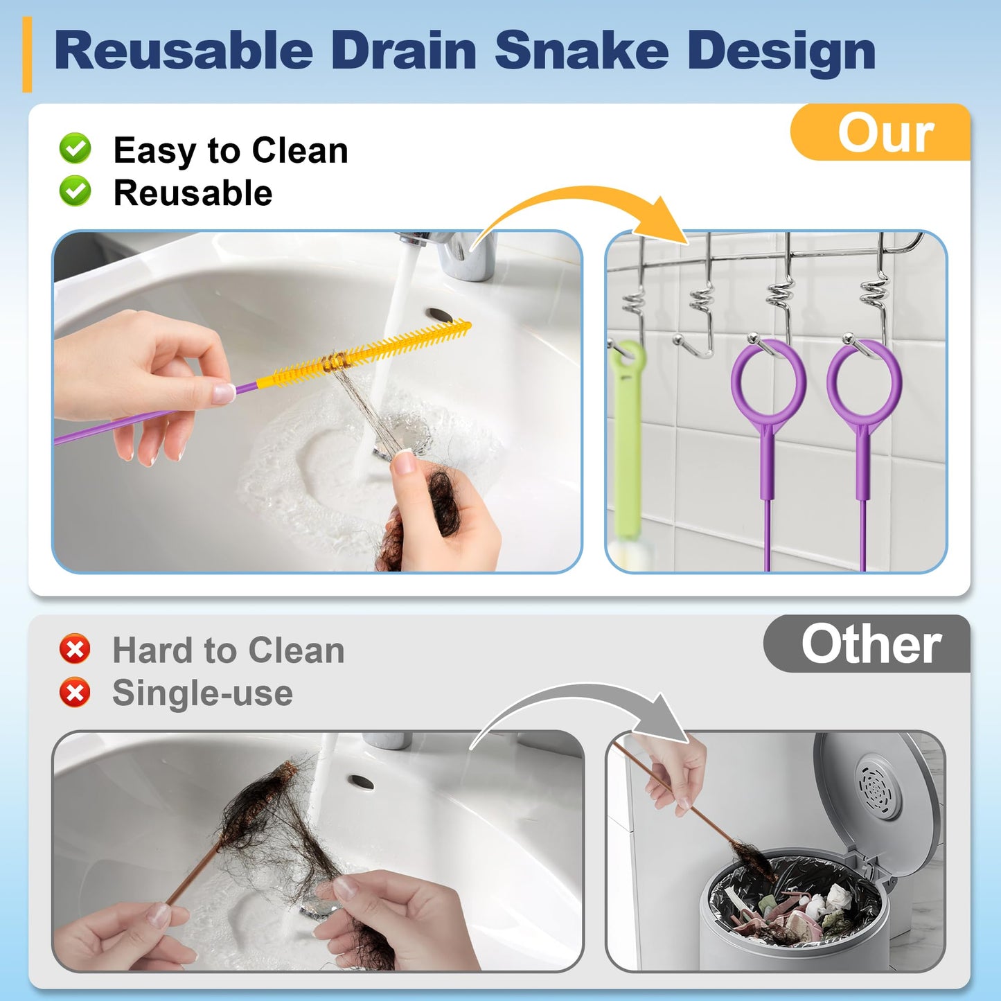 Drainsoon 35-Inch Metal Drain Snake Hair Clog Remover, Reusable Sink Snake Drain Hair Remover Tool, Flexible Break-Resistant Plumbing Snake Drain Cleaner for Shower, Bathtub, and Kitchen Sink (5 Pack)
