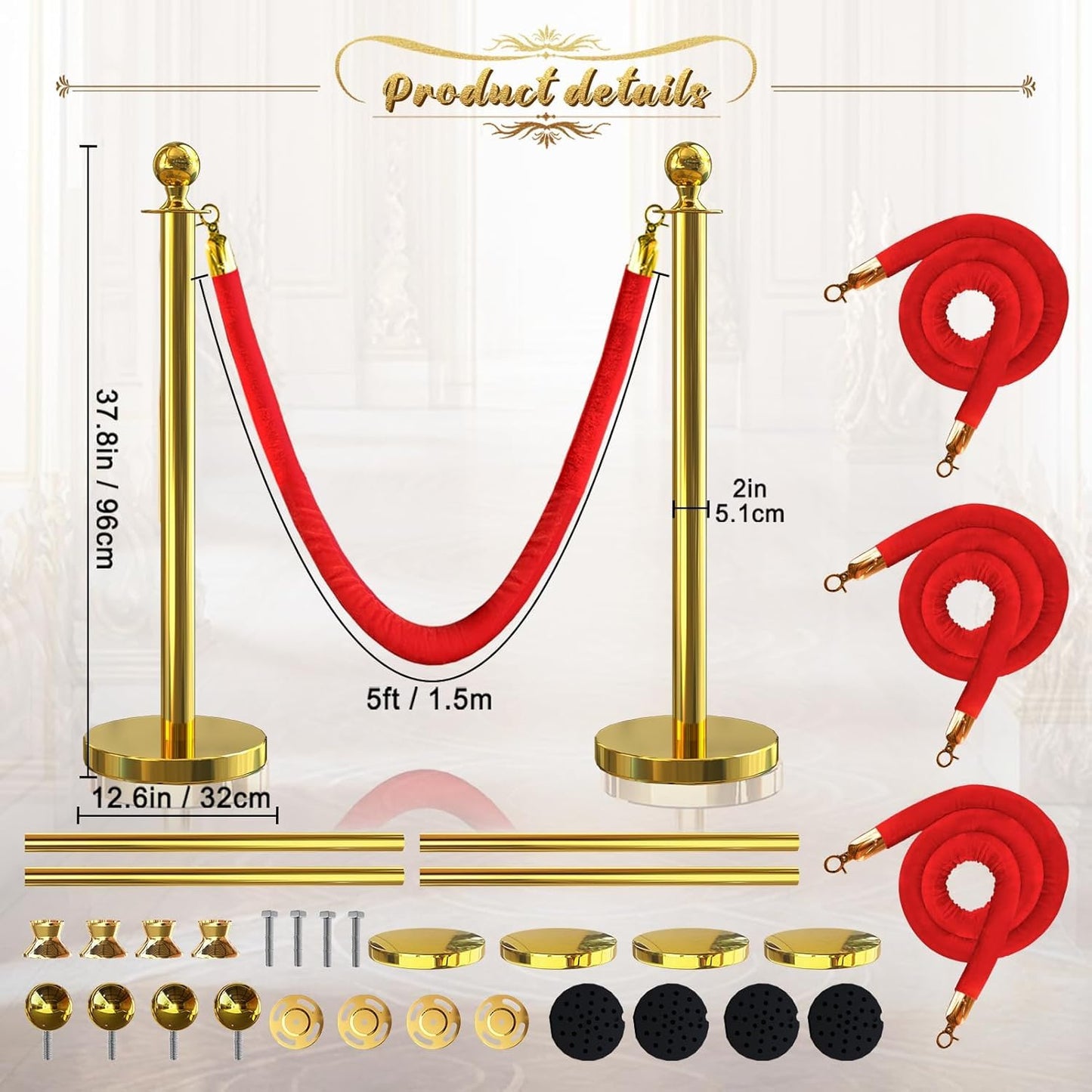 SuiROYI 4 Pcs Gold Stanchions with Velvet Ropes with 3 Pcs 5 Ft Red Velvet Ropes Carpet Ropes Posts Stanchion Set for Crowd Control Barriers for Weddings, Events, Hotels, and Party Decor