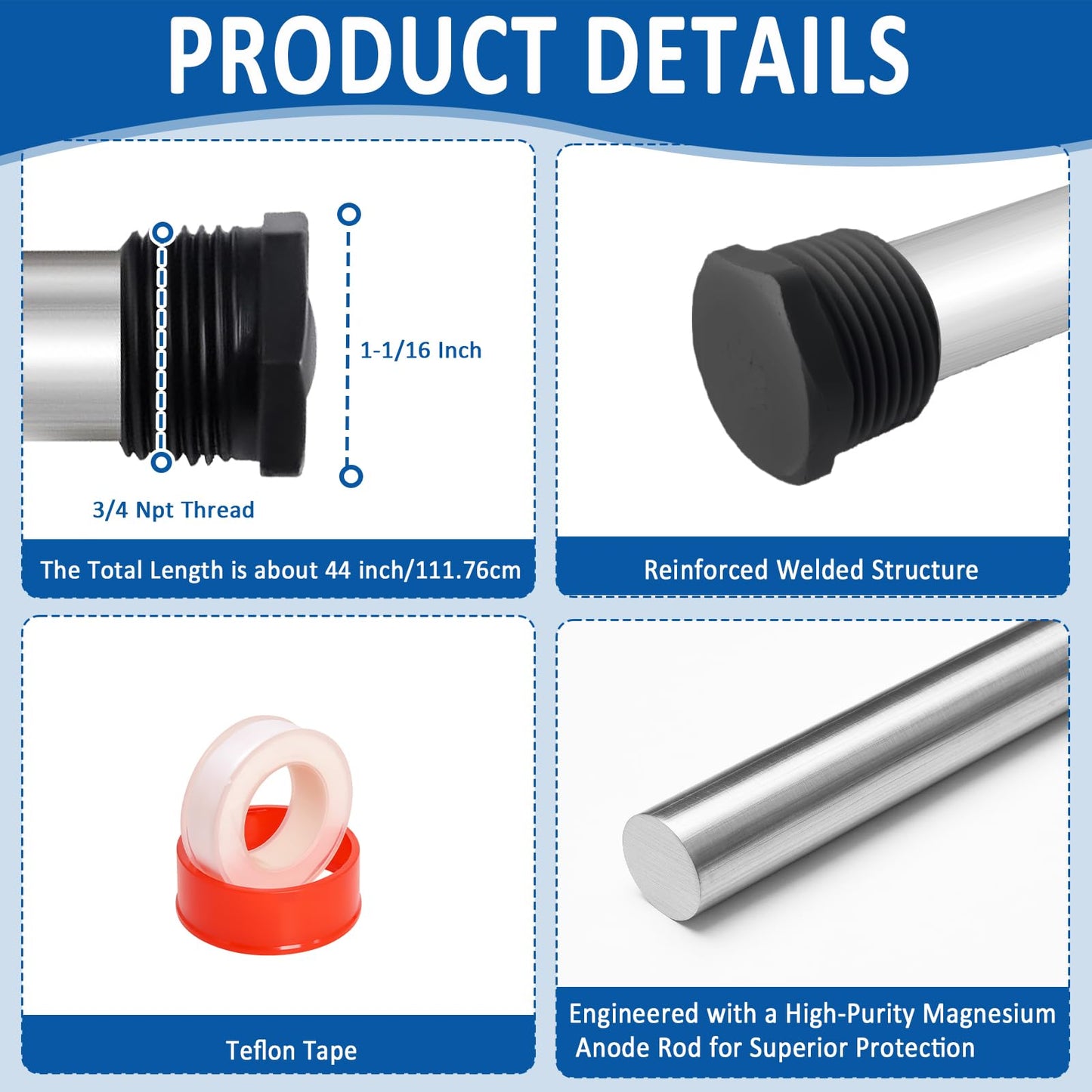 42'' Flexible Magnesium Anode Rod for Hot Water Heater Compatible with Rheem Reliance Richmond GE KenmoreTanks 3/4" NPT Thread 0.8'' Diameter Including Teflon Tape and 1-1/16" Socket Tool