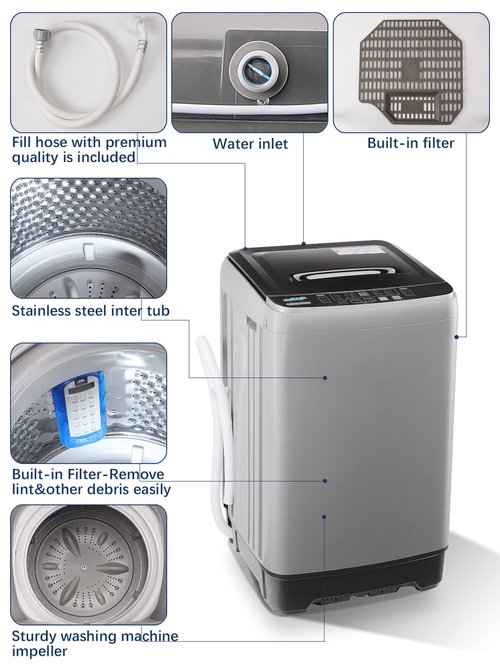 KRIB BLING Full Automatic Washing Machine with LED Display, 17.7 lbs Portable Washer Drain Pump, 10 Programs & 8 Water Levels Selections, Ideal for RV, Kitchen Camping, Apartment, Dorm, Dark Grey