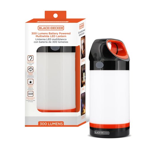 BLACK+DECKER 300LM LED Lantern, Multiwhite 360° Illumination with 5 Light Modes, Frosted Exterior, Folding Hook, up to 12 Hours Runtime, AA Battery Operated, IP65 Waterproof for Camping, Hiking, DIY