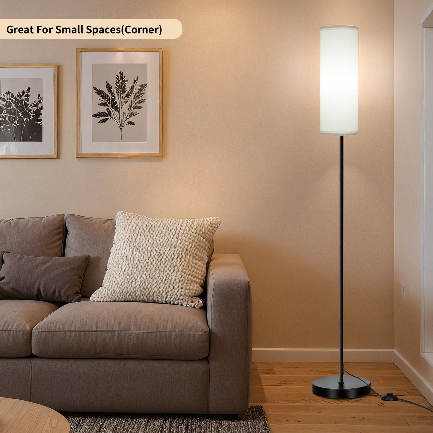 FRIDEKO HOME Floor Lamp with White Shade, Simple Design with Foot Pedal Switch, Small Tall Lamps for Living Room Bedroom Office, Corner Floor Stand Light with Black Pole Lamp (No Bulb/No Remote)