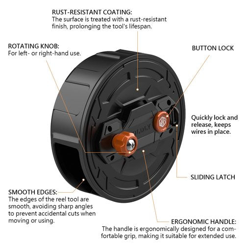 Lightweight Aluminum Tie Wire Reel Quick-Lock and Release Mechanism, Tie Wire Stripper Designed for 12-18 Gauge Wires. Dual-Sided Rewind Knob for Left or Right-Handed Operation