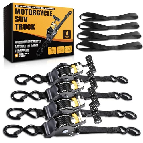Performance Master Retractable Ratchet Straps 4 Pack 1 Inch x 10 Feet (1,500lb Break Strength) - Heavy Duty Auto Self Retracting Tie Down Straps for Truck Cargo Trailer Motorcycle SUVs Black