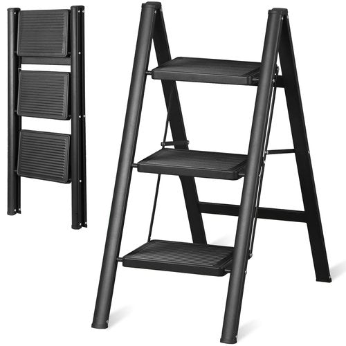 ZENY 3 Step Ladder, Folding Step Stool with Wide Anti-Slip Pedal, Portable Sturdy Steel Ladder for Adults, Lightweight