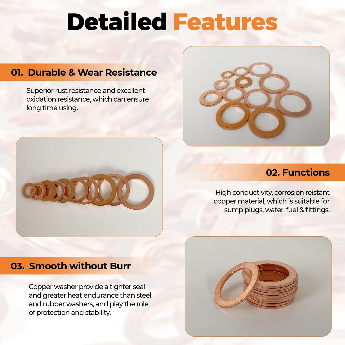 325 PCS, 10 Sizes, Premium Copper Metric Sealing Crush Washers Assortment Kit, Upgraded Flat Ring Oil Drain Plug Crush Washer Gasket Seal Assortment Set, Banjo Bolt Washer for Automotive, Motorcycles