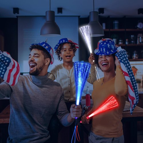 YOFOBU 30 Pack Red Blue White Fiber Optic Wands Glow Fiber Wands Bulk LED Light Up Wands with 3 Flashing Modes LED Flashing Sticks for July 4th Halloween Christmas Hawaii Carnival Wedding Birthday