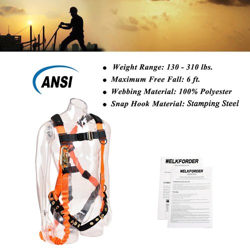 WELKFORDER 3D-Ring Fall Protection Safety Harness [3pt Adjustment＆Leg Tongue Buckles] with 6-Foot Shock Absorber Stretchable Lanyard [Snap Hook End] | Permanent attached Kit | ANSI Compliant