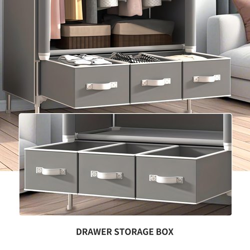Portable Oxford Fabric Wardrobe | Light Grey Storage Organizer with Hanging Rod, Shelves & 3 Drawers | Waterproof, Dustproof, Space-Saving Design No-Tool Assembly - 35.4 x 17.7 x 67 ‘’