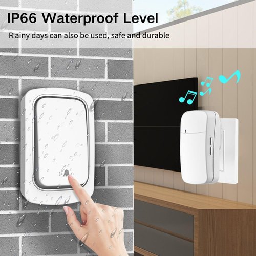 Self-Powered Wireless Doorbell for Home/Office - IP66 Waterproof, Plug-in Doorbell Kit with No Battery Required, 500ft/150m Range & Custom Chimes for Cabin/Classroom (Black)