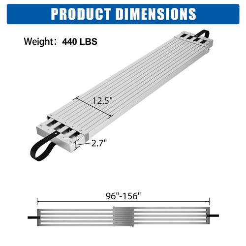 8-13ft Telescoping Plank, Aluminum Work Plank, 440 Lbs Load Capacity Extension Scaffolding Plank with Skid-Proof Platform Scaffold Ladder Accessory, 12.5 Inch Width, Silver