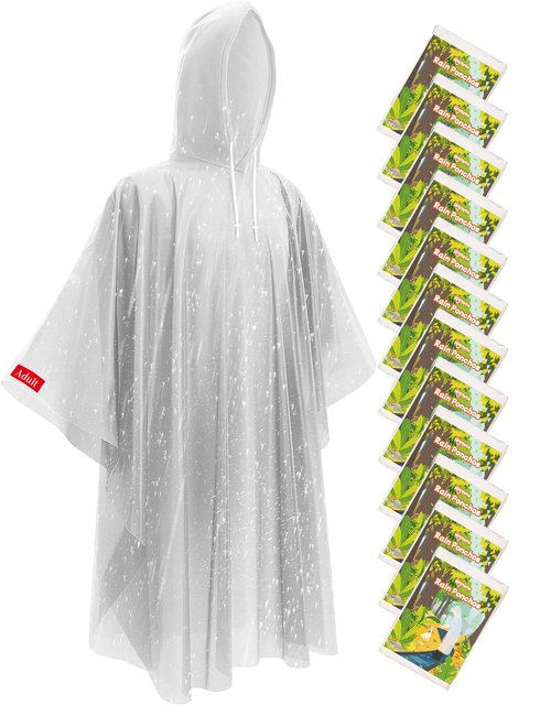Disposable Rain Ponchos - Extra Long Waterproof Emergency Poncho with Hood for Adults, Bulk Family 12 Pack Raincoat for Park, Concerts, Hiking, Camping Essentials, Home Emergency Survival Kits, Clear