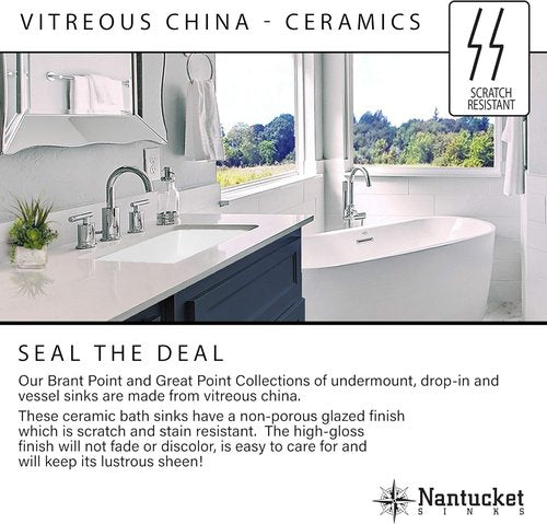 Nantucket Sinks UM-13x10-W 13x10" Oval Ceramic Undermount Vanity Sink – Small Bathroom Sink, Mini Tiny Bowl, Overflow, High Gloss White Vitreous China – Scratch & Stain Resistant, Great Point