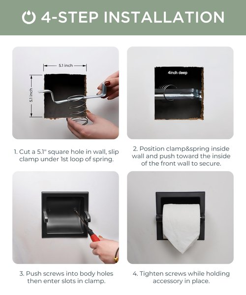 FORIOUS Recessed Toilet Paper Holder, Stainless Steel Durable Tissue Roll Holder Wall Mount for Bathroom Space Saving Design with Mounting Bracket, in Wall Toilet Paper Dispenser Insert, Matte Black