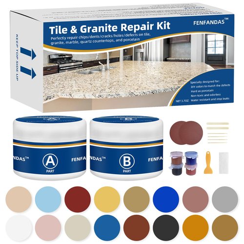 FENFANDAS Tile and Granite Repair Kit, Marble Porcelain Stone and Quartz Countertops Repair Kit for Chips Dents Cracks Holes Scratch, Fix Chipped Edges Corners, Reattaches Missing Pieces