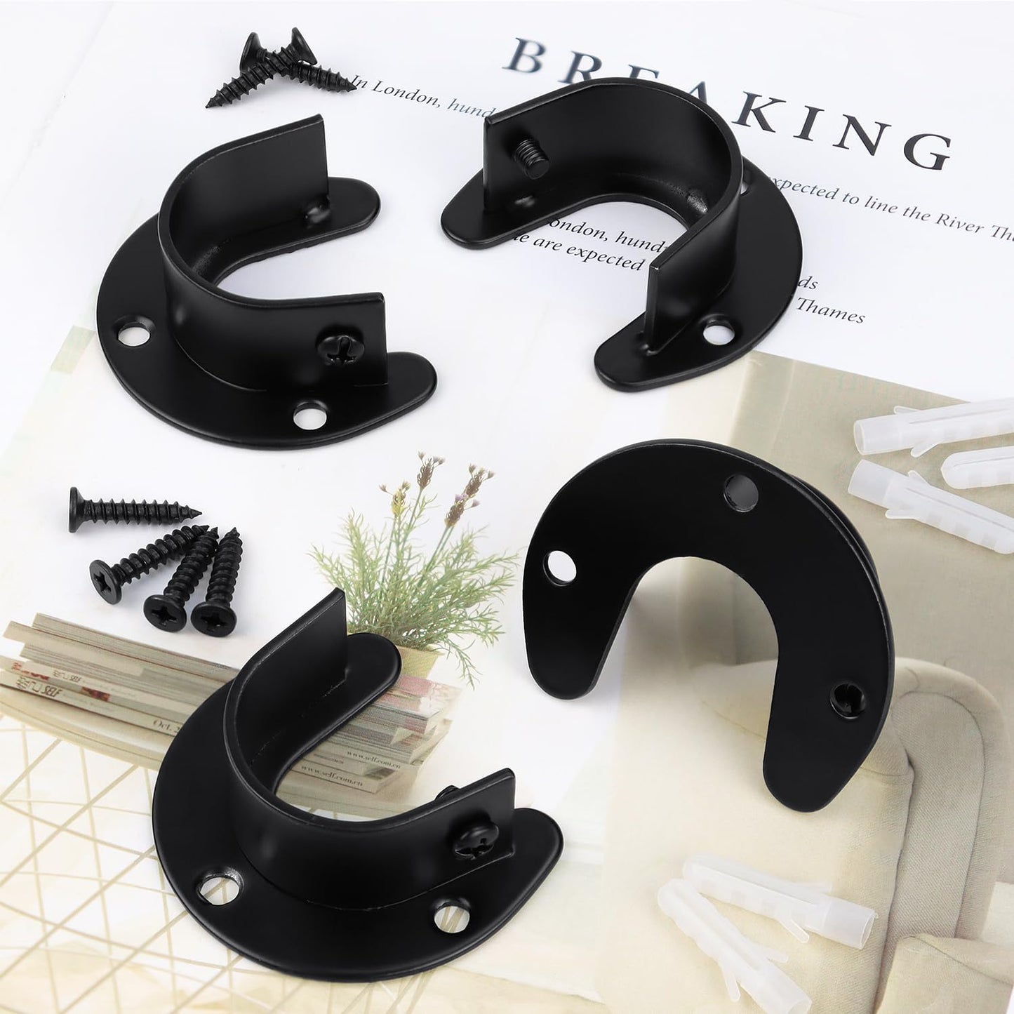 4 Packs Stainless Steel Wardrobe Bracket U-Shaped Rod Socket Flange 1-1/4" Diameter Heavy Duty ClosetBrackets End Supports for Closet Rod with Screws (Black)