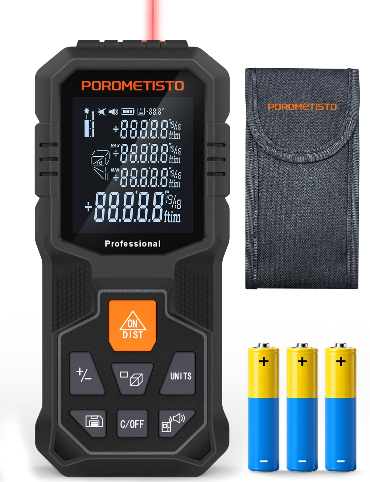 Laser Distance Meter POROMETISTO 262ft/80m, Digital Angle Finder,12 Modes for Angle Area Volume Pythagorean Distance, ±2mm High Accuracy, Tripod Interface Design Handheld Digital Rangefinder