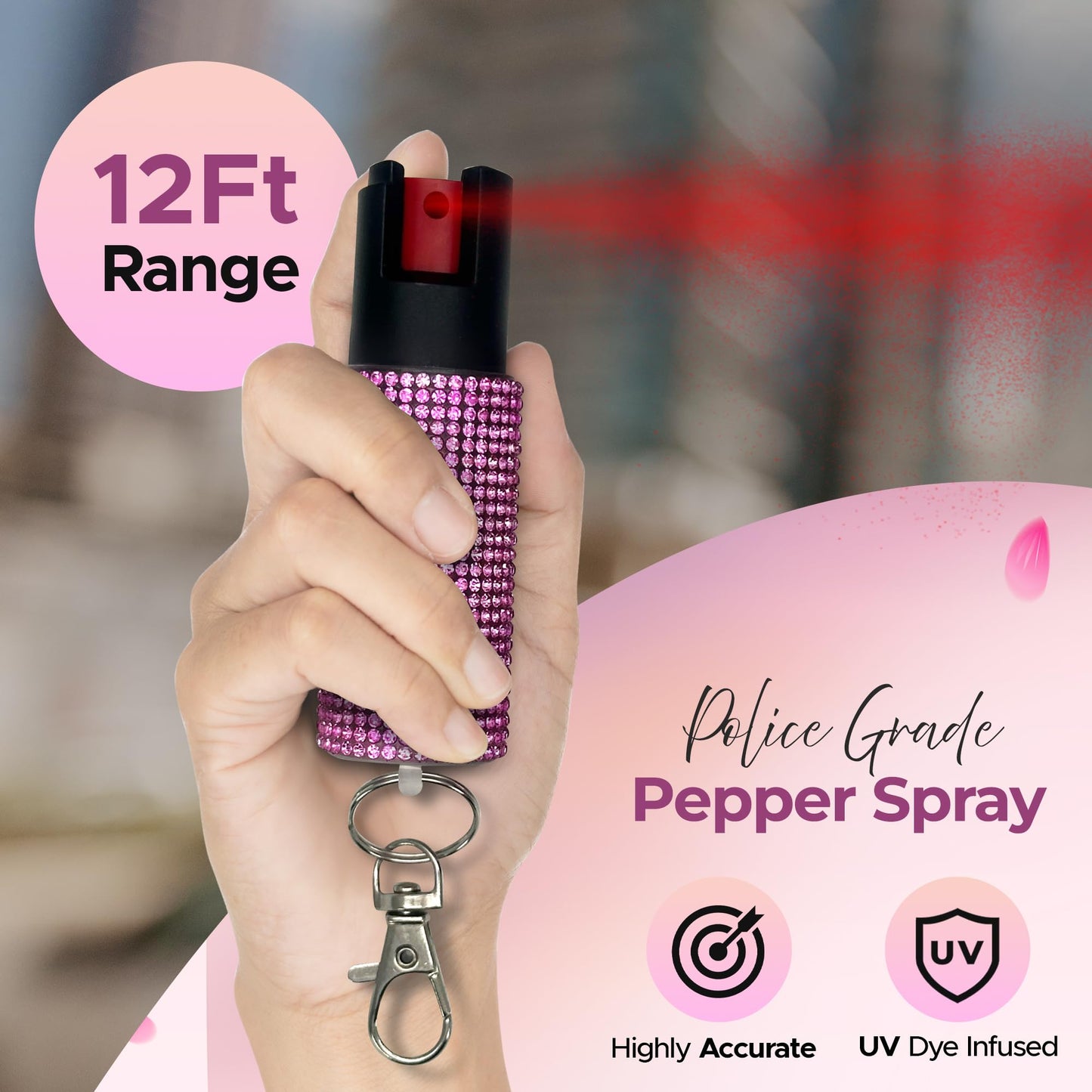 FURY Rhinestone Pepper Spray, 12ft Range, UV Dye Identifier, Police Strength, Made in USA, Stylish Multicolor, Self Defense, Everyday Safety, Slide Top (Pink)