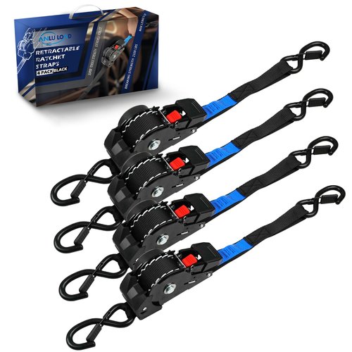 ANLULOAD Retractable Ratchet Strap(1 in x 9.8 ft),Ratchet Tie Down Strap for Motorcycles, Boats,Atvs,Utvs.W.L.L:700 Lbs/B.S:2,100 Lbs-(4Packs) (Black)