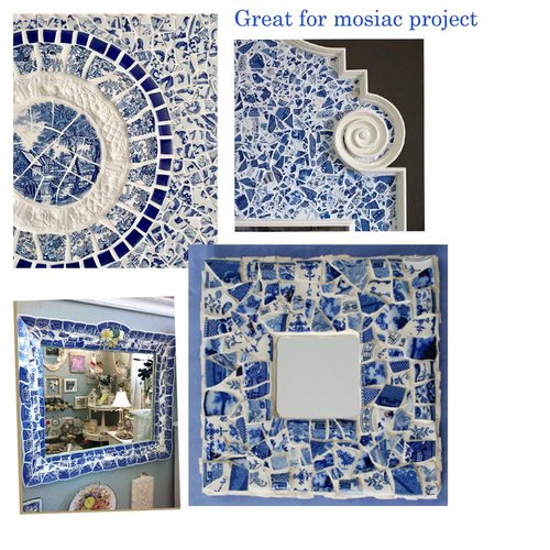 Lanyani Broken Ceramic China Tiles Assortment Blue and White Porcelain Pieces for Mosaic Craft, Cover 11x11 inches
