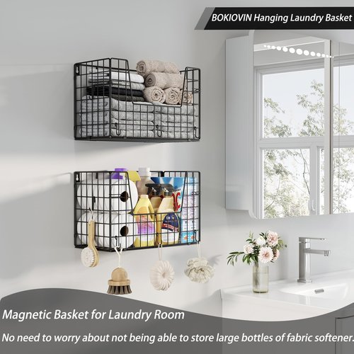 BOKIOVIN 1-Pack Magnetic Laundry Basket Organizer Storage,Magnetic Shelves for Washer Dryer Organizer,Hanging Laundry Basket for Washing Machine(Black)