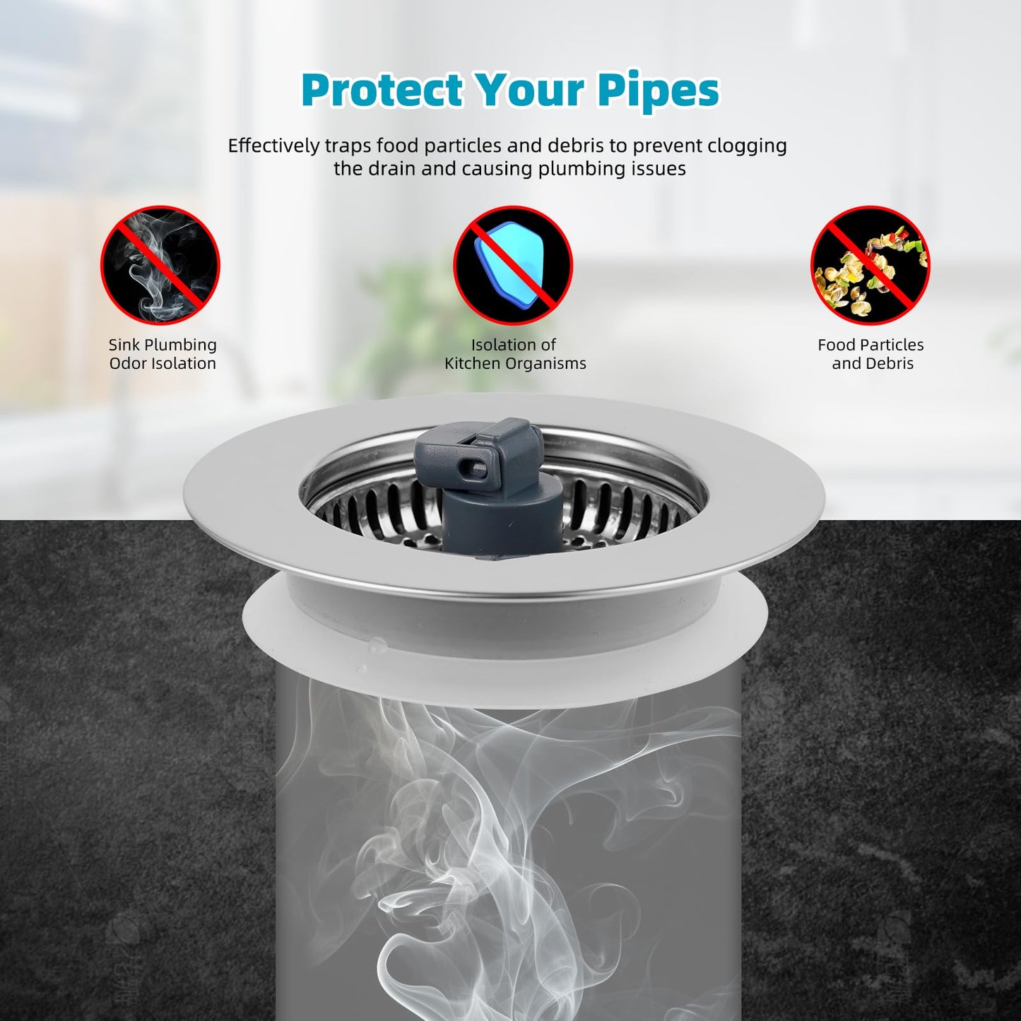 Hibbent 2 Pack 3 in 1 Kitchen Sink Drain Strainer, Stainless Steel Wrapped Shell Drain Stopper Combo, Pop Up Sink Stopper, Anti-Clogging Strainer with Foldable Handle for US Standard 3-1/2" Drain