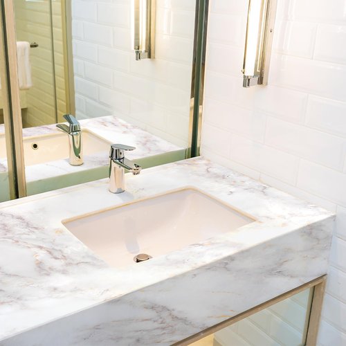 rabbitgoo Marble Contact Paper for Countertops, Self Adhesive Peel and Stick Wallpaper, Removable Kitchen Counter Top Contact Paper for Old Furniture, Gold Matte Granite, 17.5 x 78.7 Inch