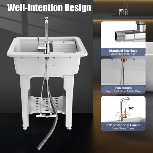 Freestanding Plastic Laundry Sink with Washboard for Hand Washing Clothes, Washing Room Laundry Tub Sink w/Faucet and Drain Kit for Basement Garage Laundry Room (Gray, 21.65"D x 25.59"W x 31.5"H)
