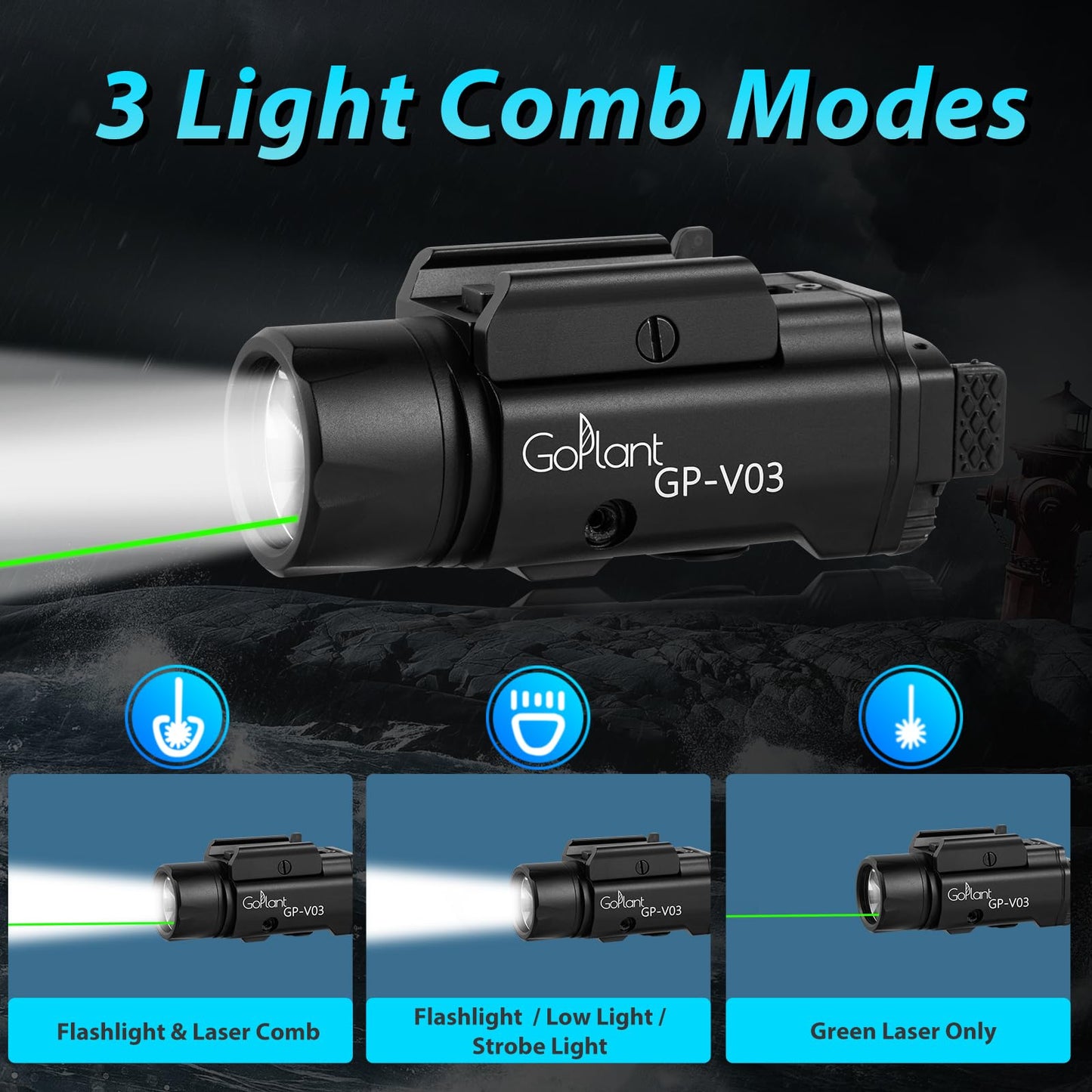GOPLANT 1750 Lumens Weapon Laser Light Combo - Adjustable Rail LED Light and Green Laser Flashlight, Aircraft-Grade Aluminum, Magnetic Rechargeable Strobe Tactical Flashlight for Picatinny or GL Rail