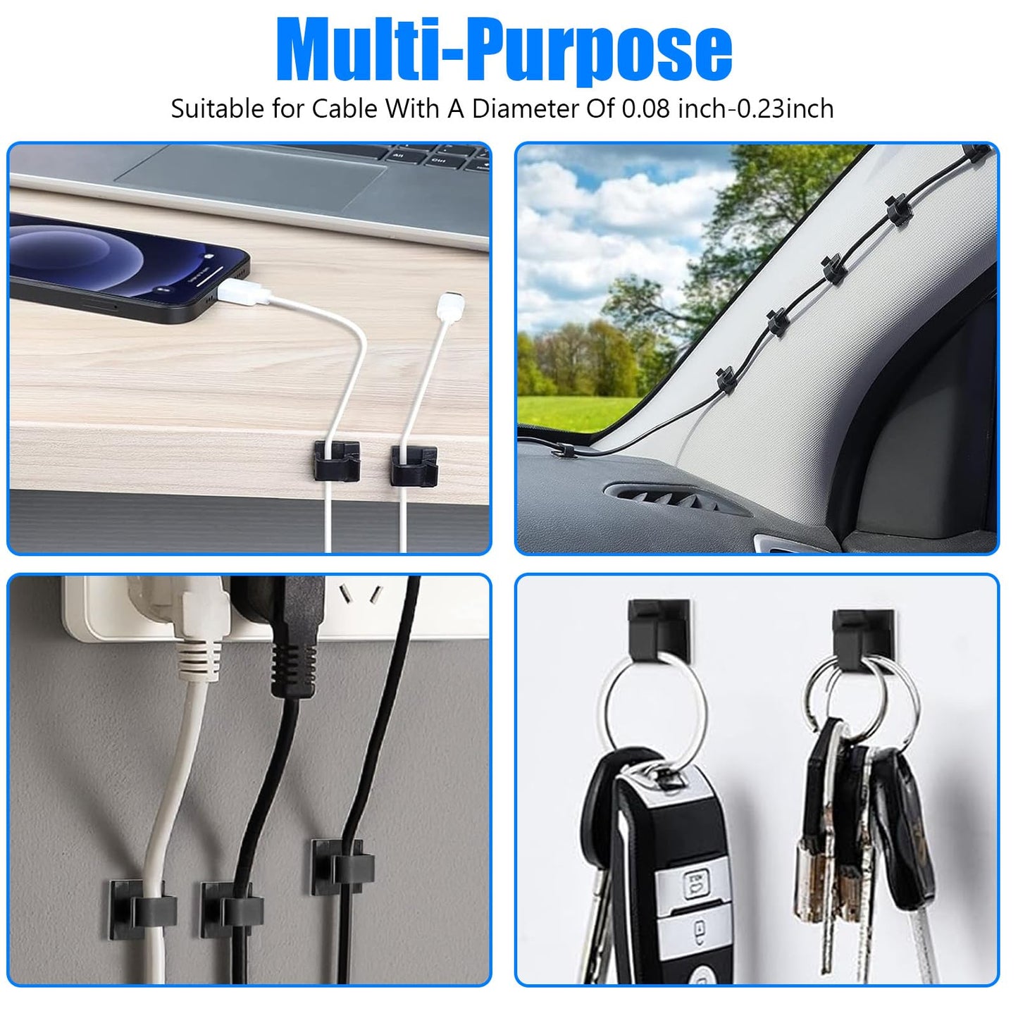 100PCS Adhesive Cable Clips Wire Holder Organizer Cord Management Outdoor Cord Clips for Wall(Black)