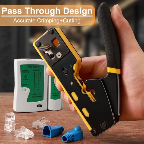 Kyrene RJ45 Crimp Tool, Ethernet Crimping Tool Kit, Cat5 Cat5e Cat6 Crimping Tool Kit with RJ45 Pass Through Connectors