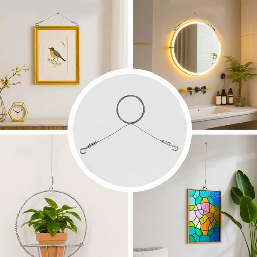 Adjustable Picture Hanging Wire Kit, Supports up to 50lbs Include 4pcs Picture Hanging Wire Hanger Hardware & 8 D Rings & 16 Screws, for Art Pictures Mirrors Billboards Frame Canvas