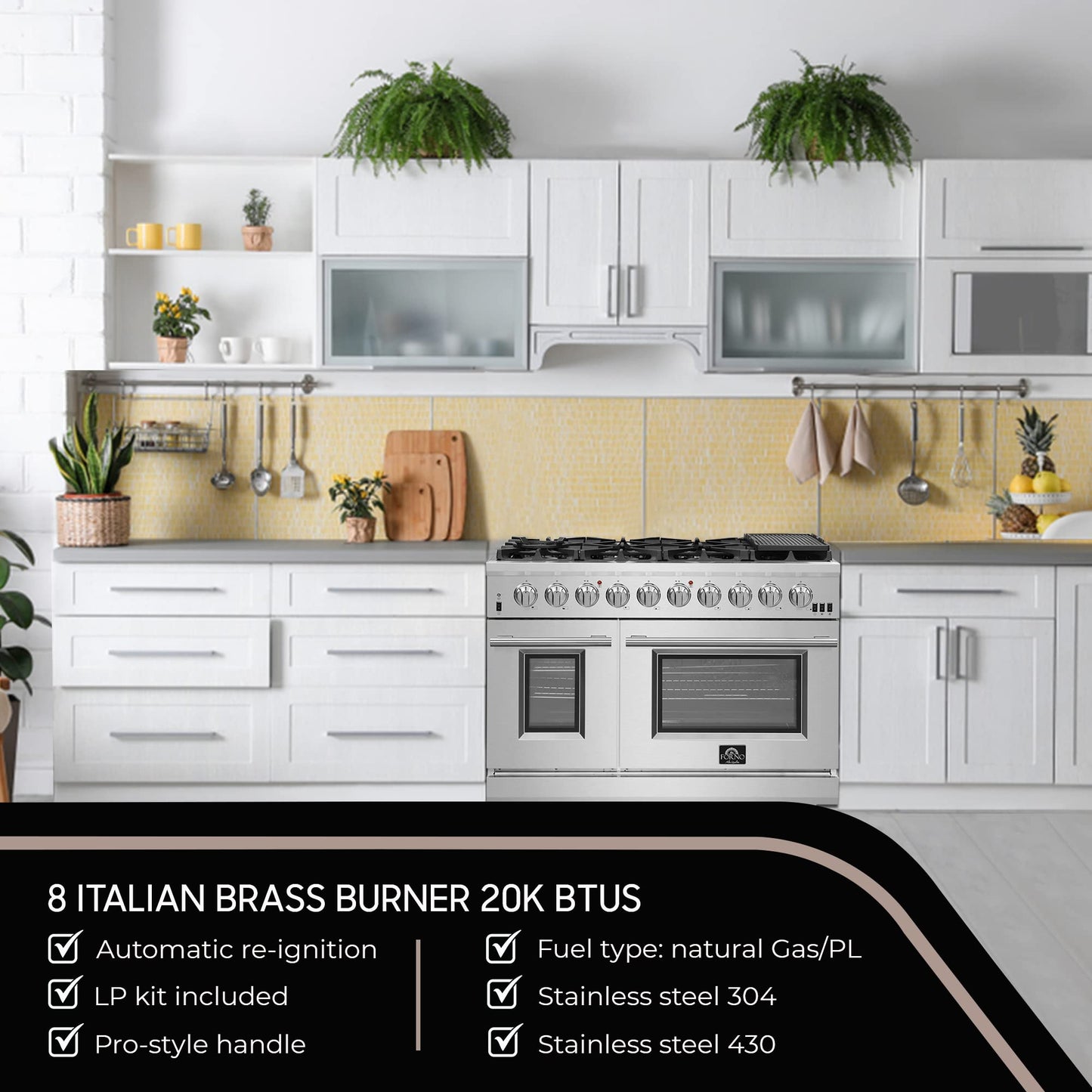 FORNO Capriasca Full Gas 48" Inch. Freestanding Range with 8 Sealed Burners Cooktop - 6.58 Cu.Ft. Double Gas Convection Oven Capacity, Stainless Steel Heavy Duty Cast Iron Grates.