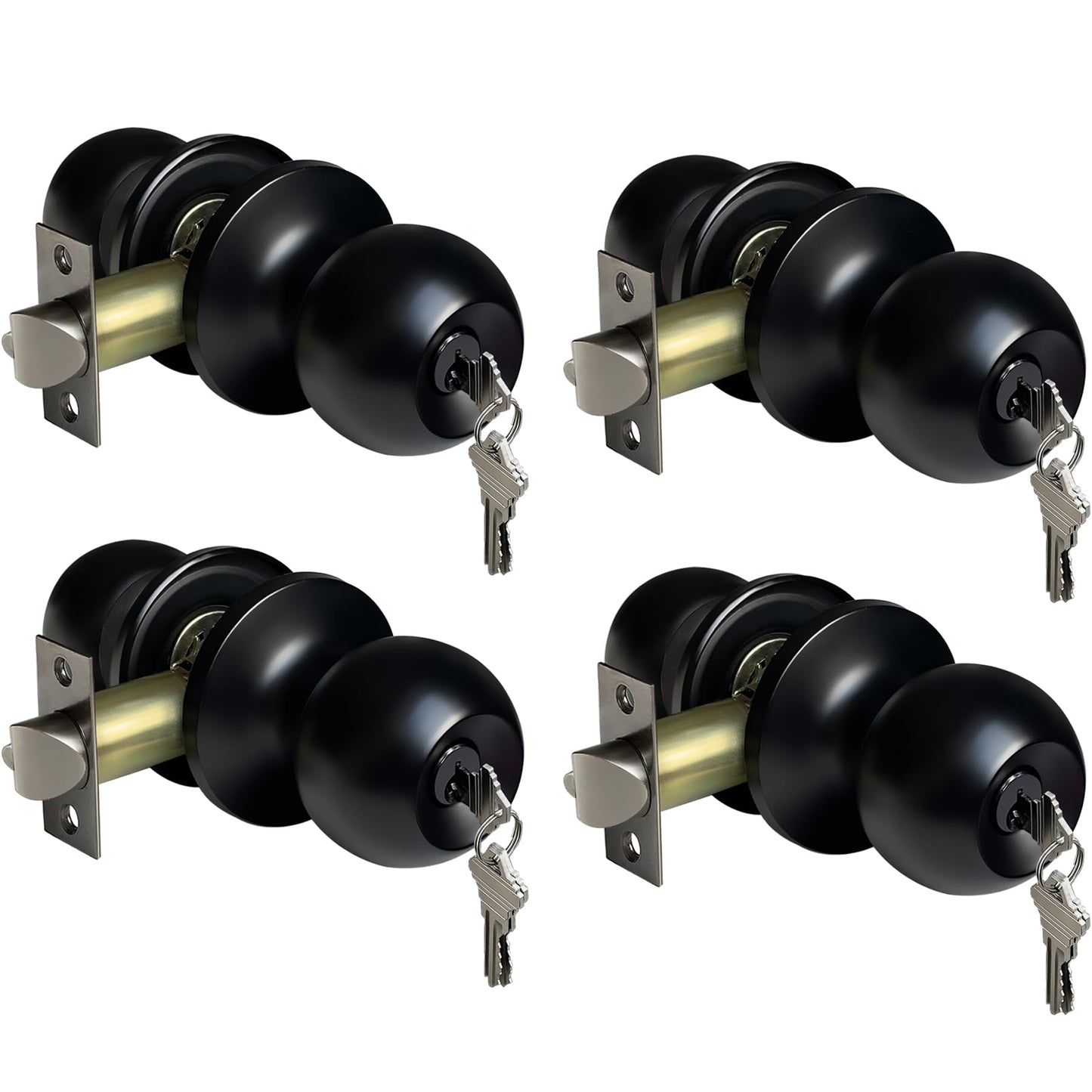 BESTTEN 4 Pack Door Knob with Lock and Key, Keyed Different Entry Door Knob, for Entrance and Front Door, Matte Black