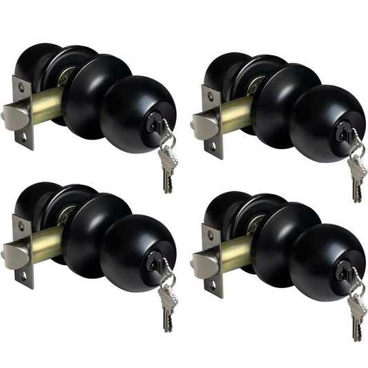 BESTTEN 4 Pack Door Knob with Lock and Key, Keyed Different Entry Door Knob, for Entrance and Front Door, Matte Black