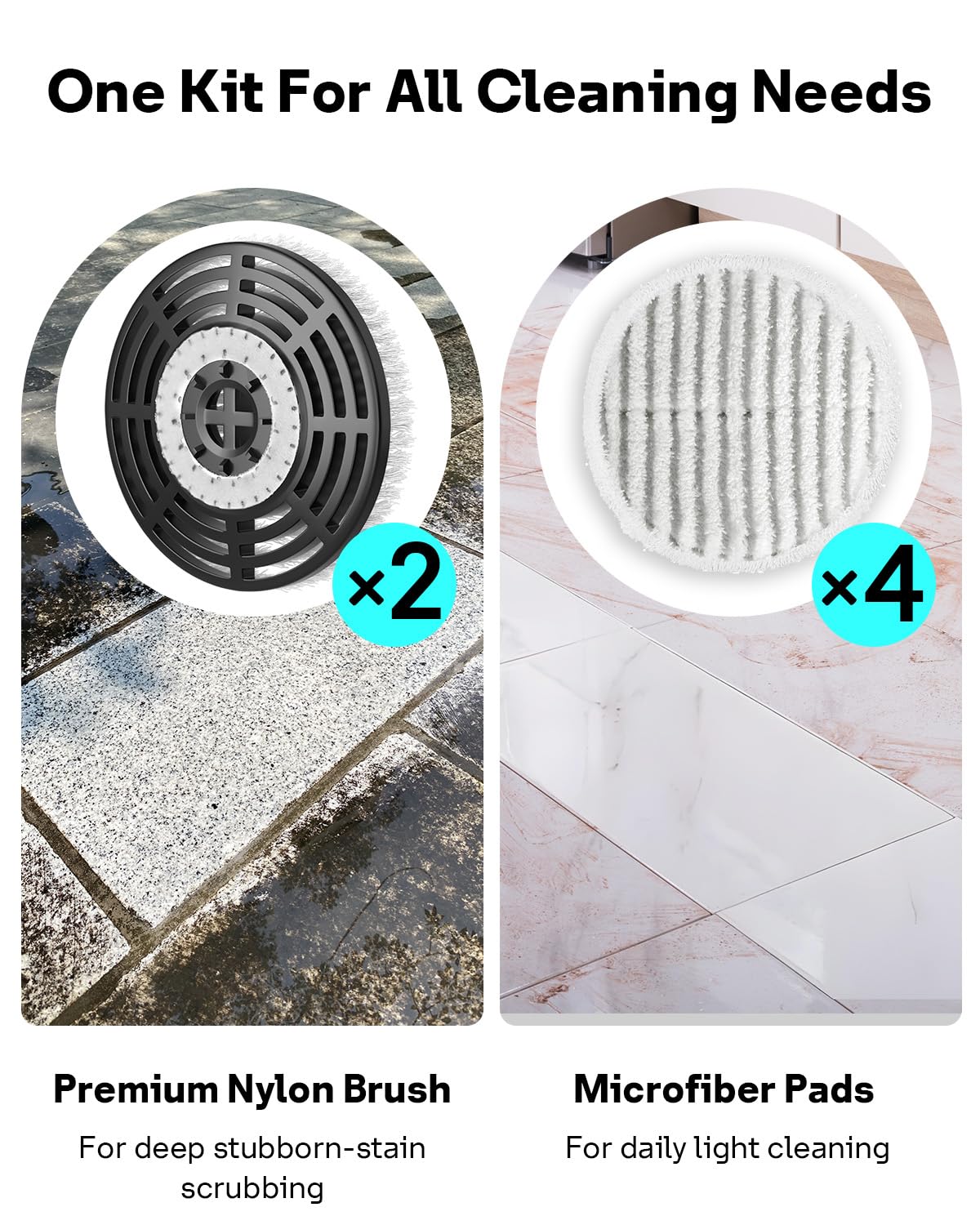 Leemone Steam & Scrub Mop Replacement Pads for Shark S8001 S8002BRN S8200 S8201 S7001 S7201 Series, Heavy Duty Scrub & Daily Clean Kit, Washable Reusable (2 Brush Heads + 4 Microfiber Pads Refills)