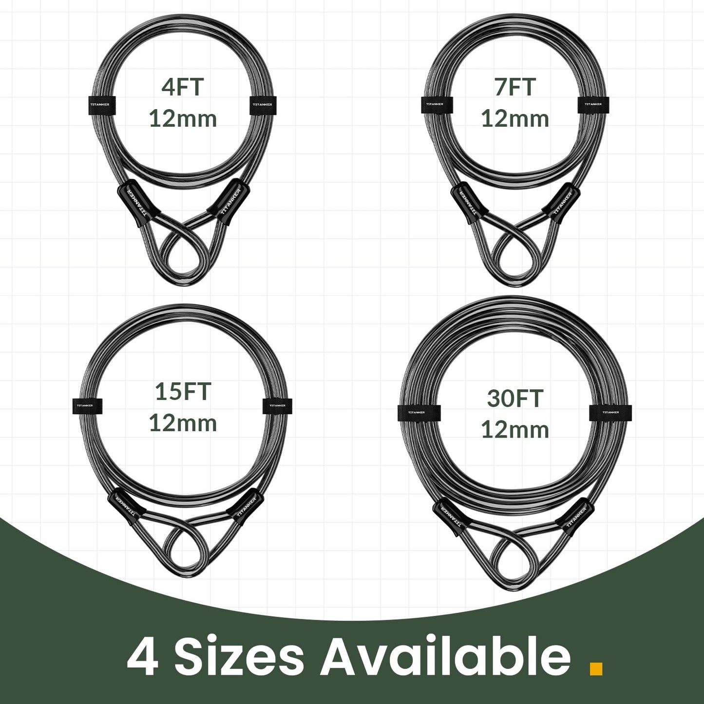 Titanker Bike Lock Cable,12mm Thick Security Cable with Loops Heavy Duty Steel Cable Vinyl Coated Bike Cable Lock Security Chain (4ft, 7ft, 15ft, 30ft)