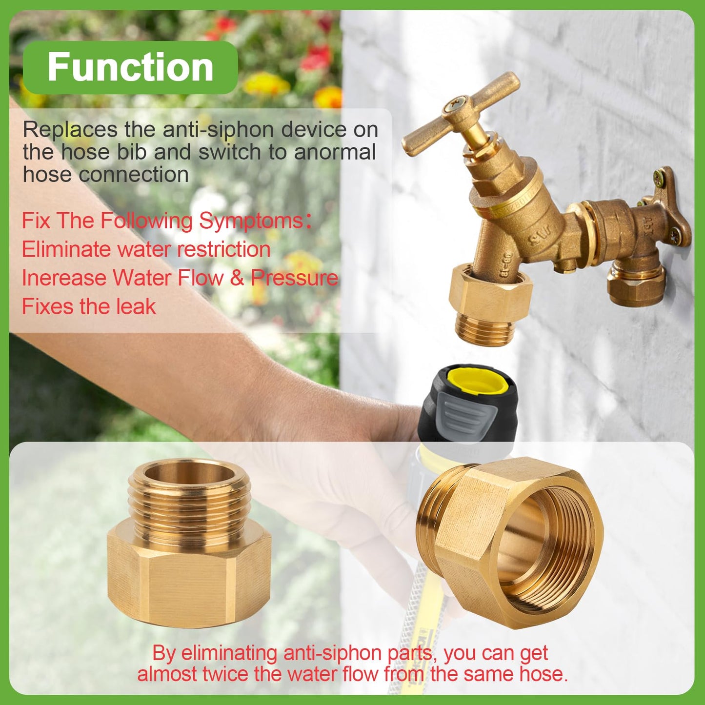 Garden Hose Bib Adapter 1-1/16" Fine Thread (Female) to 3/4 GHT Male Backflow Preventer Adapter for Standard Arrowhead Hose Bibs & Vacuum Breaker Faucet Fitting,Outdoor Faucet to Garden Hose Connector