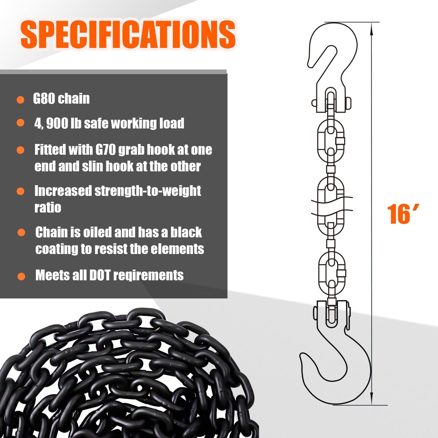 G80 Log Chain 5/16'' X 15 Feet Transport Chain with Clevis Grab Hooks | Heavy Duty Safety Chain WLL 4,900 lbs for Hauling & Towing
